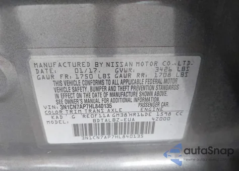 2017 Nissan Versa 1.6 Sv z USA, uszkodzony, nr VIN 3N1CN7AP7HL840135